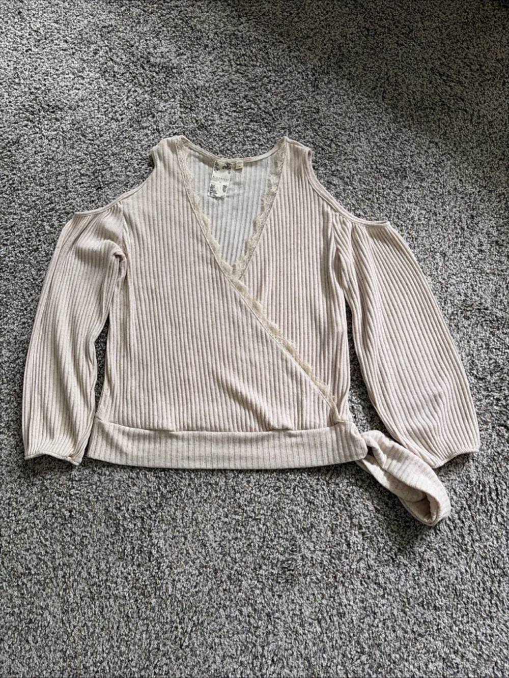 Tan long sleeve open shoulder side tie blouse with ruffled front size M